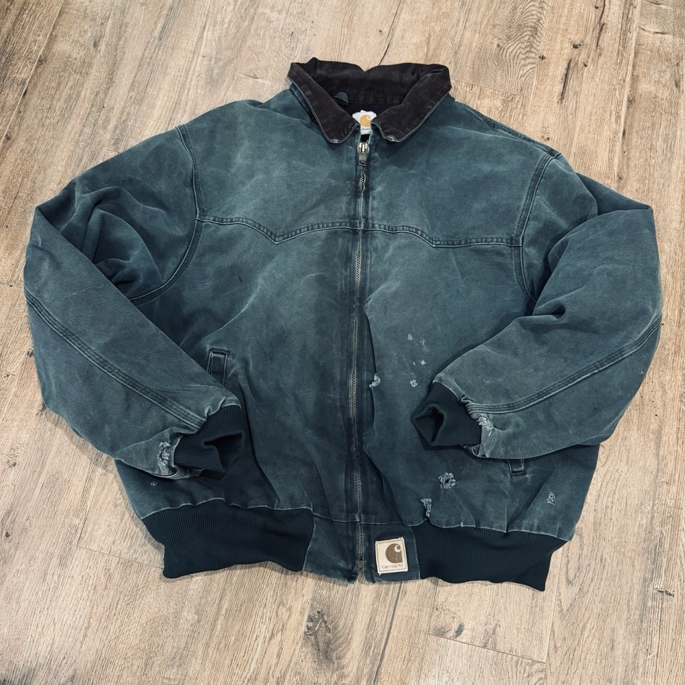 90s Vintage Carhartt 2X Santa Fe J14 Forest Green Quilted Zip Up Workwear Grunge